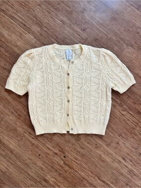 Joie Yellow Short Sleeve Pointelle Knit Cardigan Sweater - Size Small